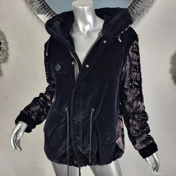 NWT~$2590~MR & MRS ITALY~S/M~BLACK VELVET SEQUIN HOODED PARKA COAT NO FUR